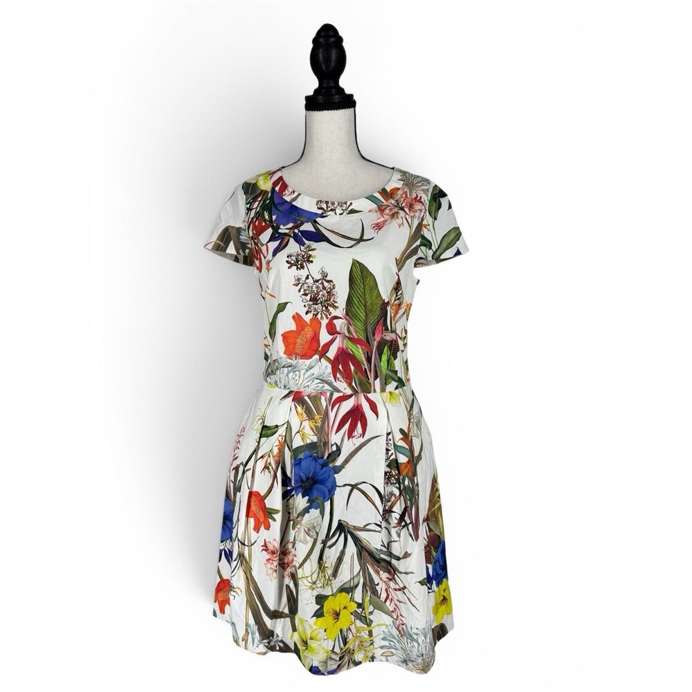 Les Copains Blue Floral Fit & Flare Dress Italy Print Cotton Bl Cupro Lined 42 8